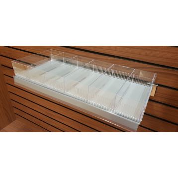 Metal Display Shelves with Slatwall Economy Brackets, Toothed Risers & Dividers & Clear Epos - Silver