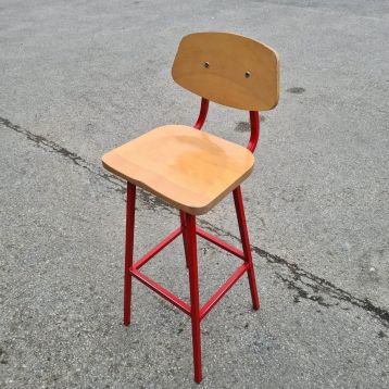 Used Red Metal Wooden Seat & Back Rest Bar Stool