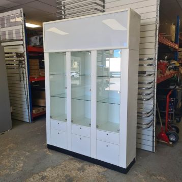 Used Glass Display Cabinet With Glass Doors & Light Up Header